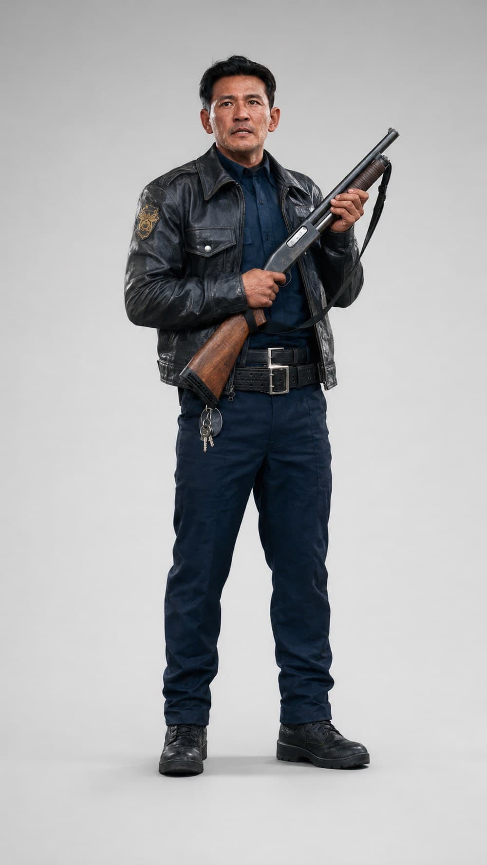 Protagonist reference, a full-body character sheet with the leather jacket and shotgun. Image: GPT Image 2, by Ryu Ki-deok