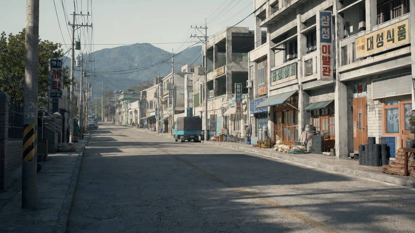 Background reference. Signage, utility poles, and shopfront clutter were all locked down at the image stage. Image: GPT Image 2, by Ryu Ki-deok