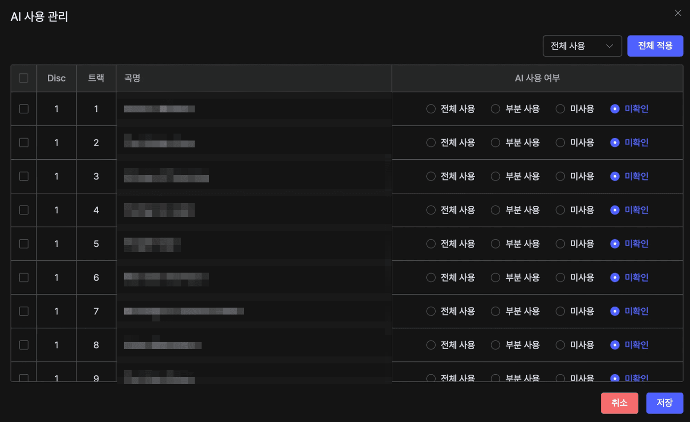 The AI use panel. One of four options per track, defaulting to unconfirmed. Track titles are masked