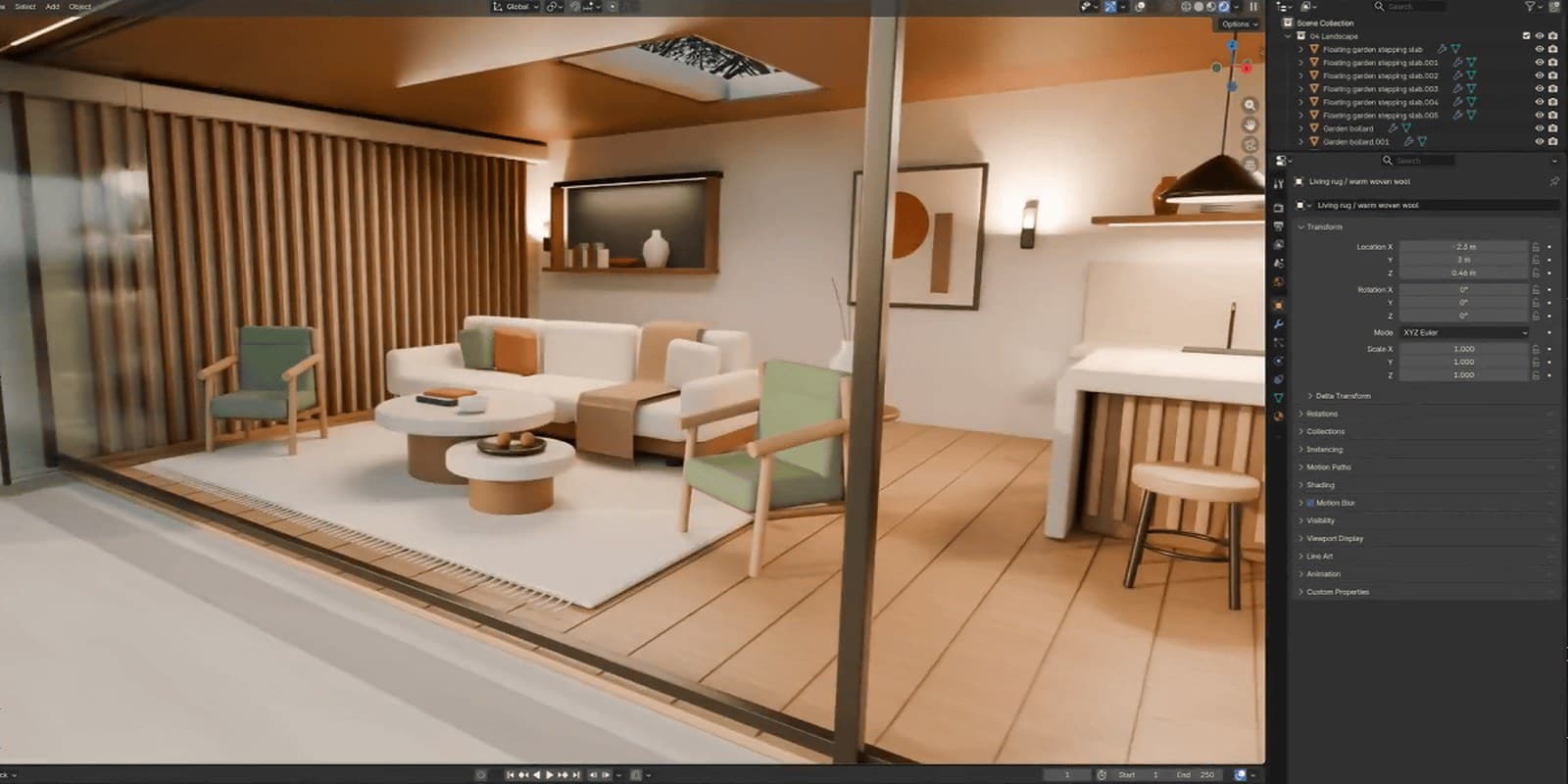 An interior Astra built in Blender. The furniture, the lights, and the camera all live inside the scene, so you can change the angle and render it again (image: public example collected by GIGAZINE)