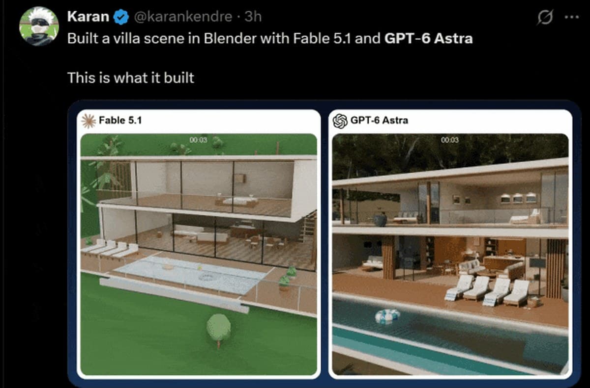 The same prompt asking each model to build a villa in Blender. Fable 5.1 on the left, Astra on the right (image: post by @karankendre, collected by atoms.dev)