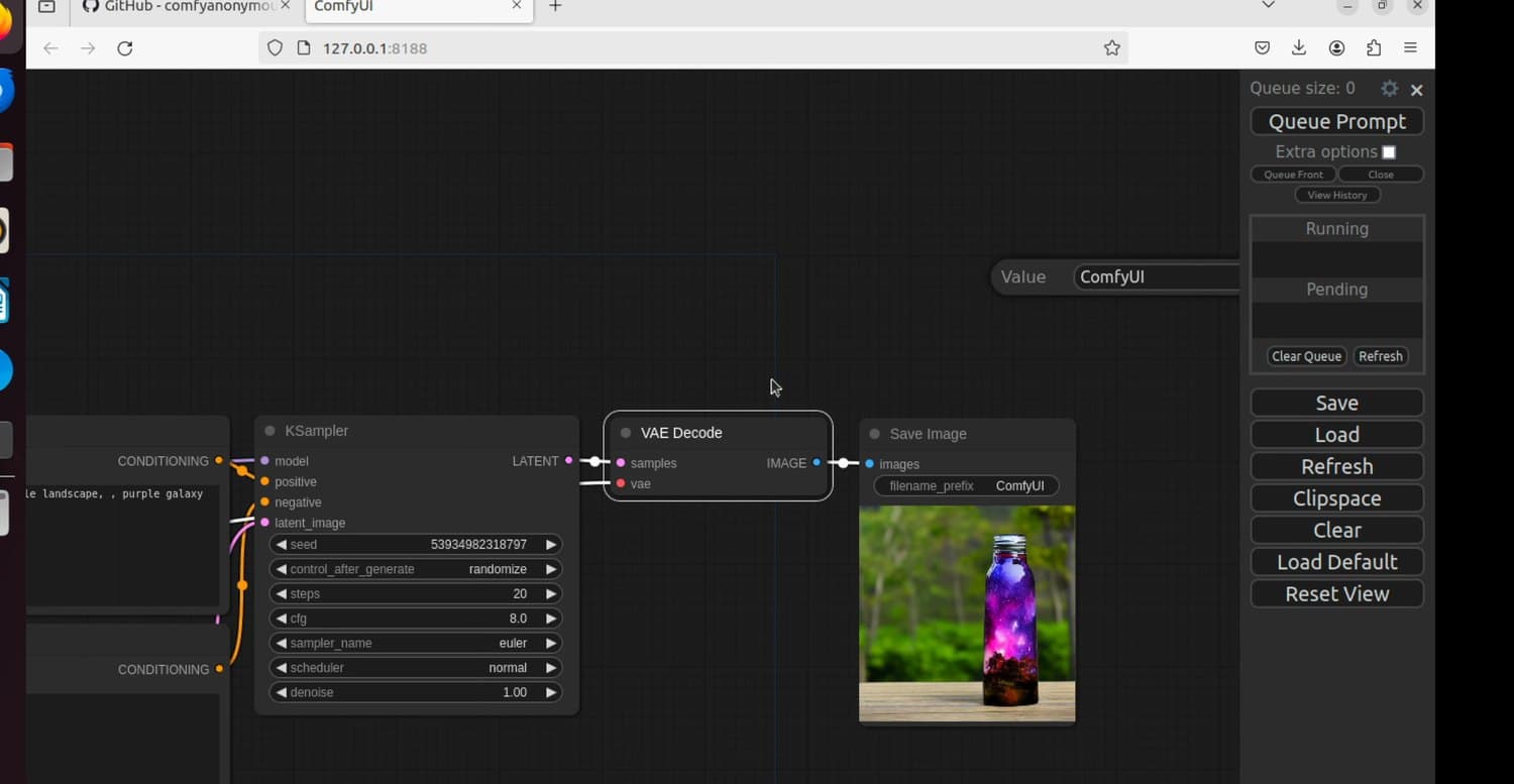 ComfyUI, now the standard on the image side. The 127.0.0.1 in the address bar is the whole point of this piece. Screen by Jeremy Pedersen, CC BY 3.0
