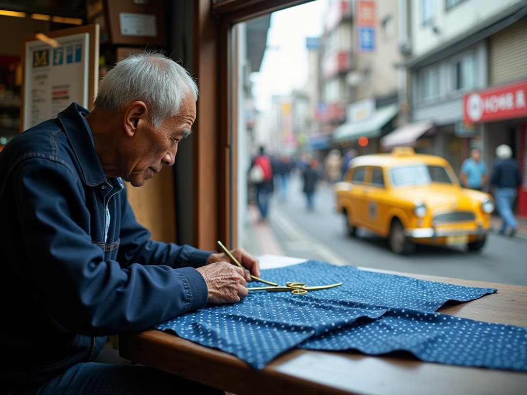 A portrait. It renders the creases on the man's hand and the pattern printed on the fabric this well.