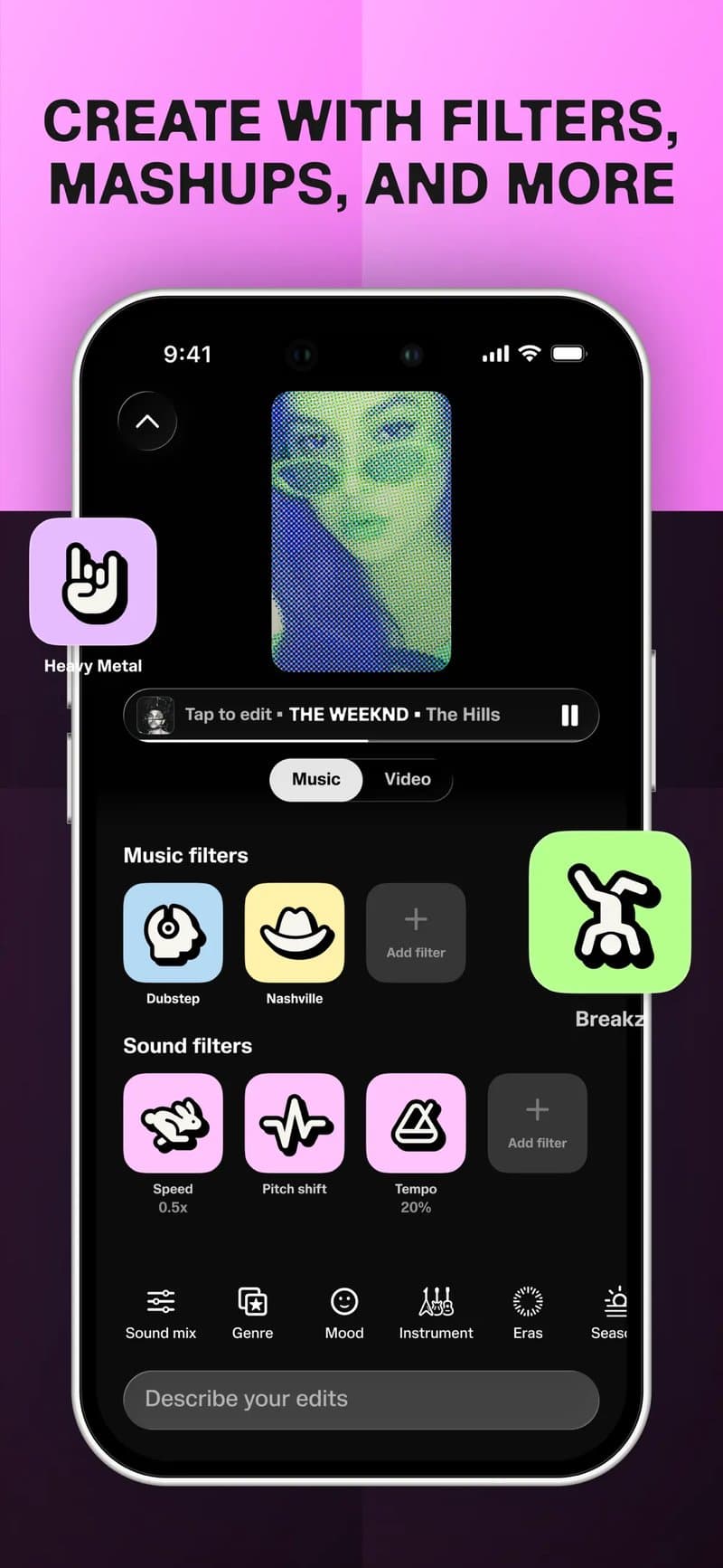 Layer on filters like 0.5x speed, pitch shift and tempo. Photo: Hook, App Store