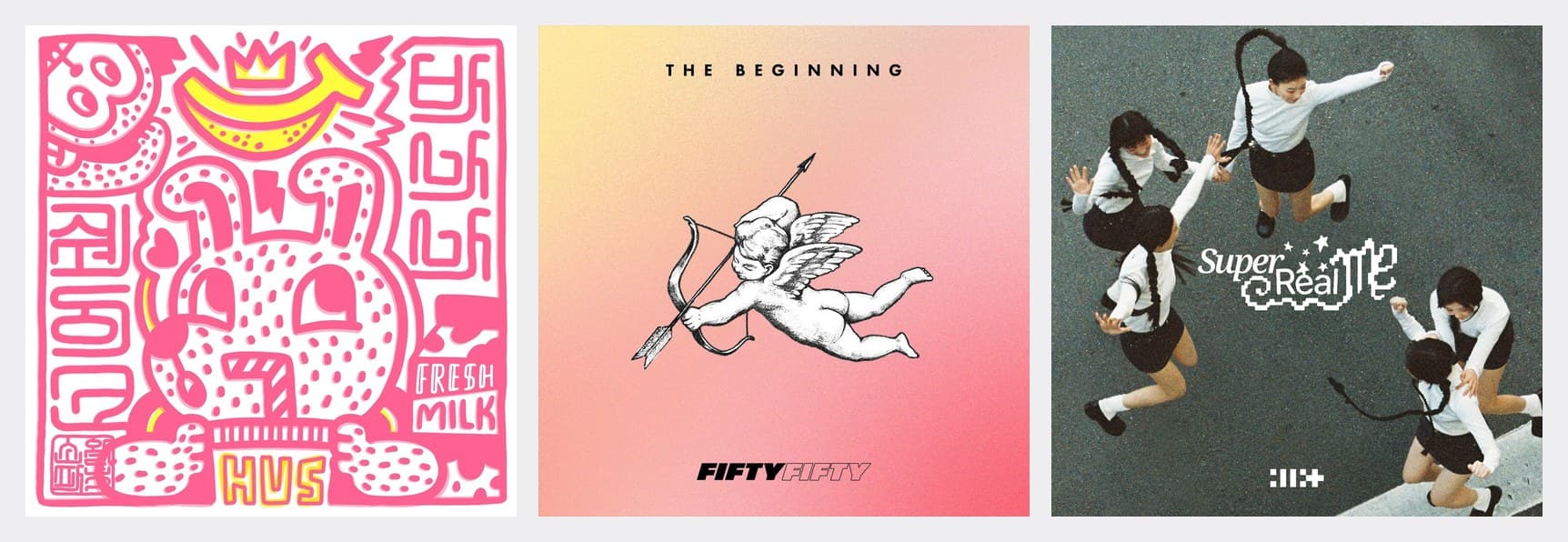 Humming Urban Stereo, FIFTY FIFTY and ILLIT, left to right. All three released the fast version as an official track. Photo: the respective labels