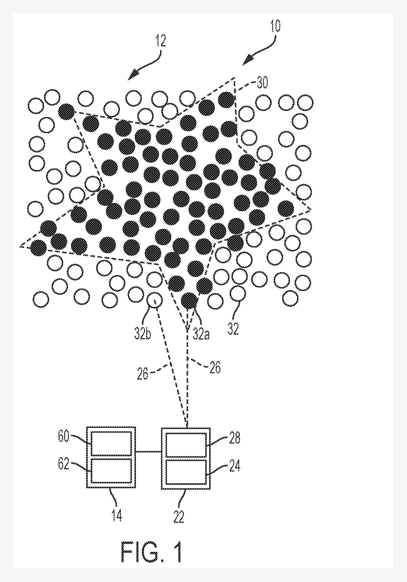 PixMob's US10863607B2. Only the part of the crowd the infrared reaches is filled in black. The target is chosen by space, with no seat numbers involved. Source: USPTO via Google Patents